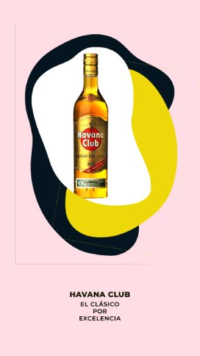 Una botella de Havana Club, una marca de rones, sobre un fondo rosa.